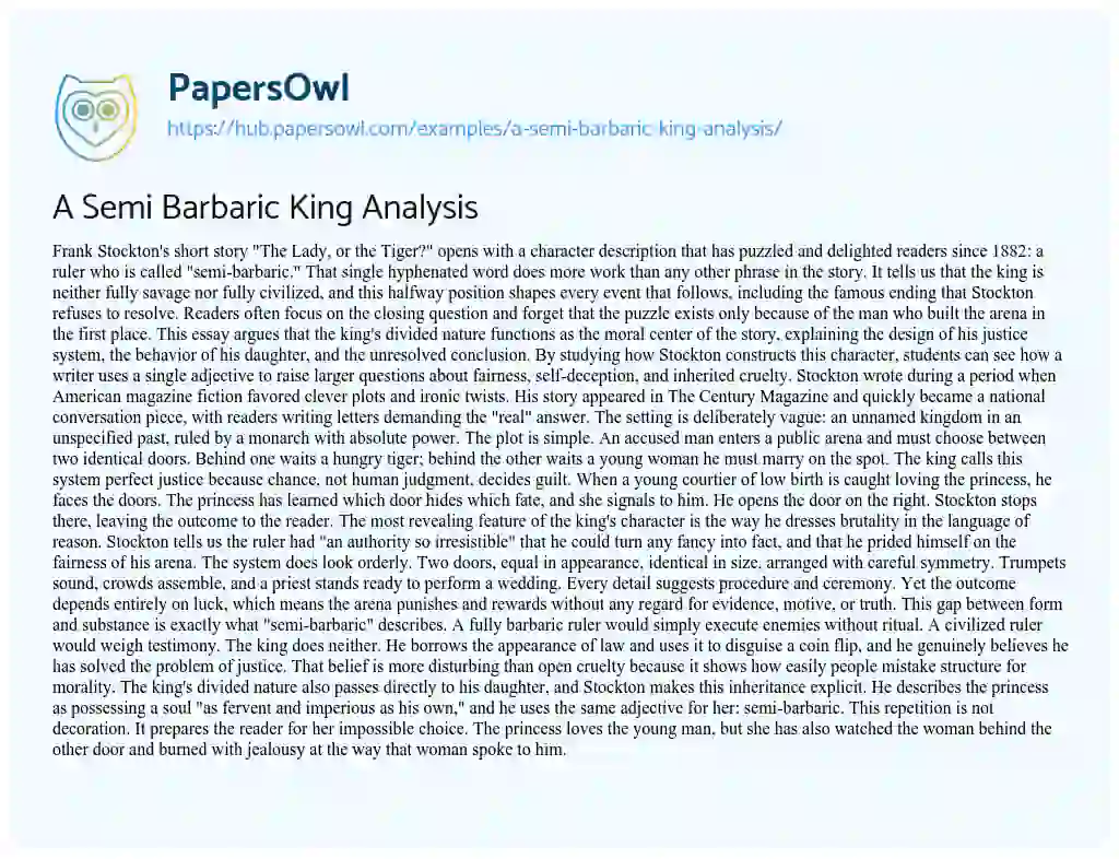 Essay on A Semi Barbaric King Analysis