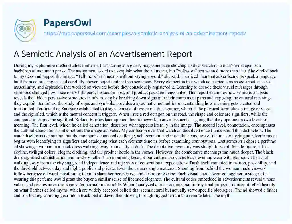 Essay on A Semiotic Analysis of an Advertisement Report