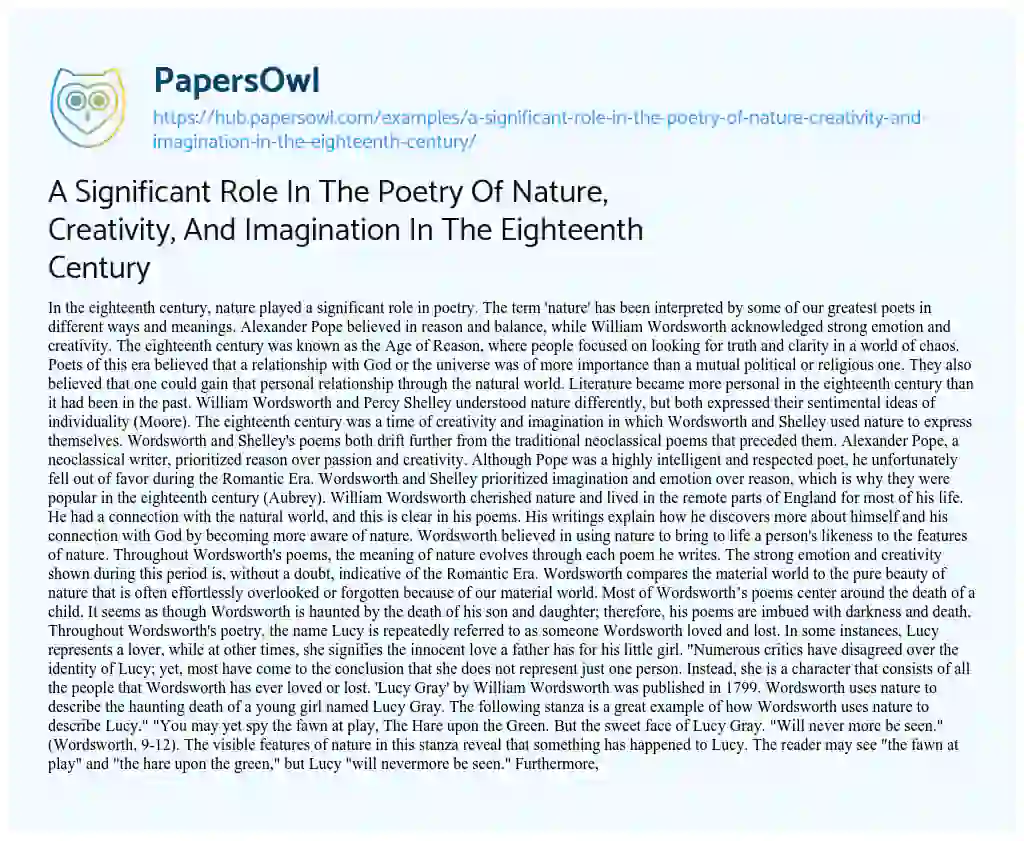 Essay on A Significant Role In The Poetry Of Nature, Creativity, And Imagination In The Eighteenth Century