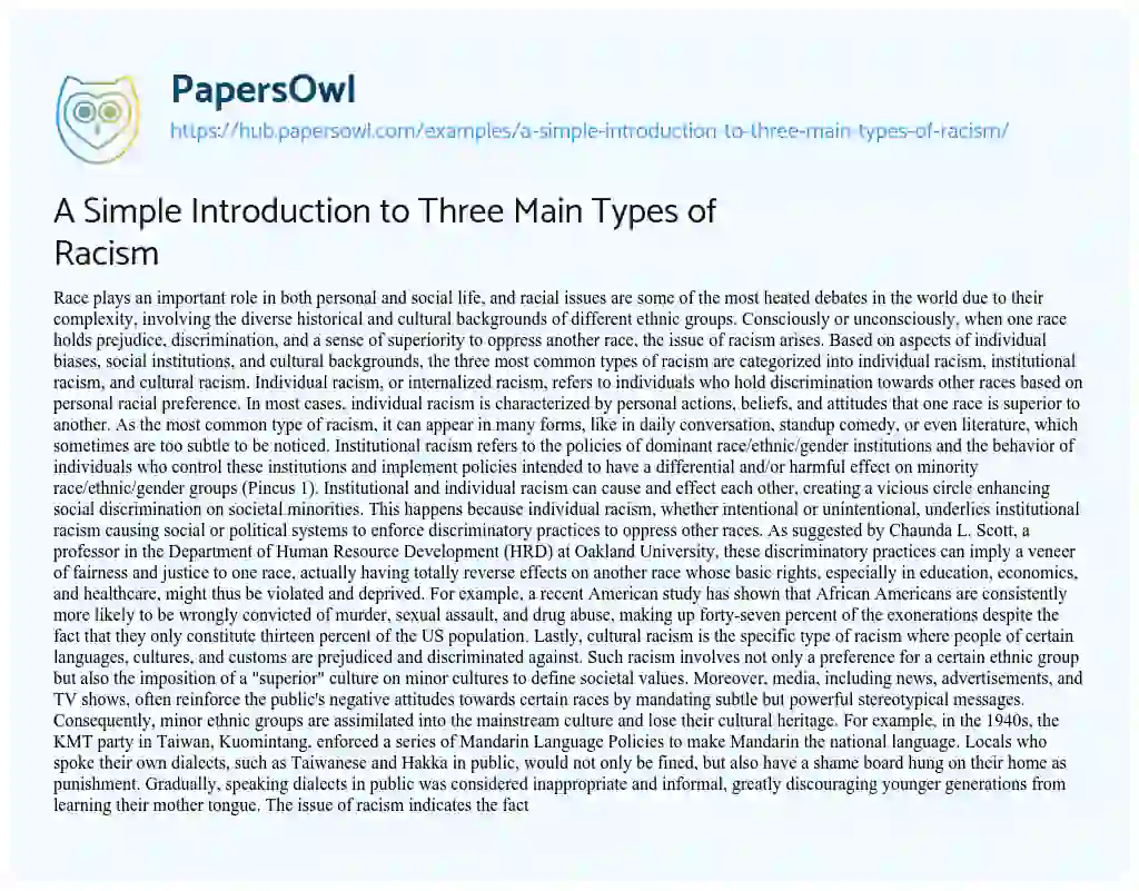 Essay on A Simple Introduction to Three Main Types of Racism