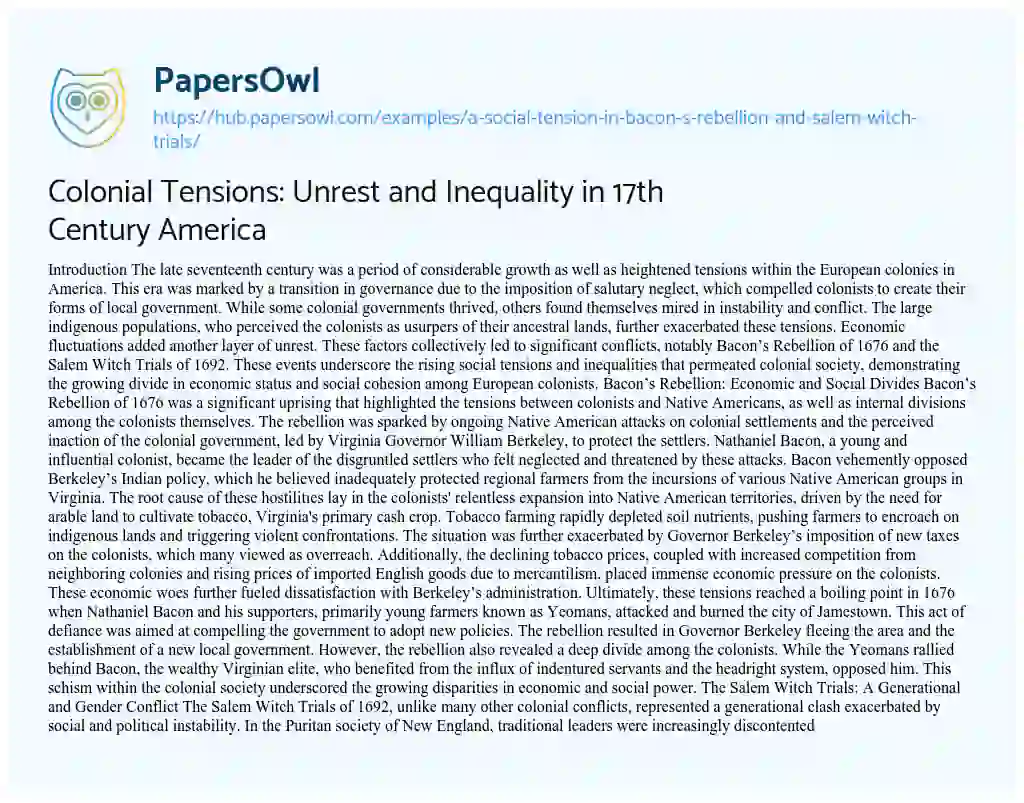 Essay on Colonial Tensions: Unrest and Inequality in 17th Century America