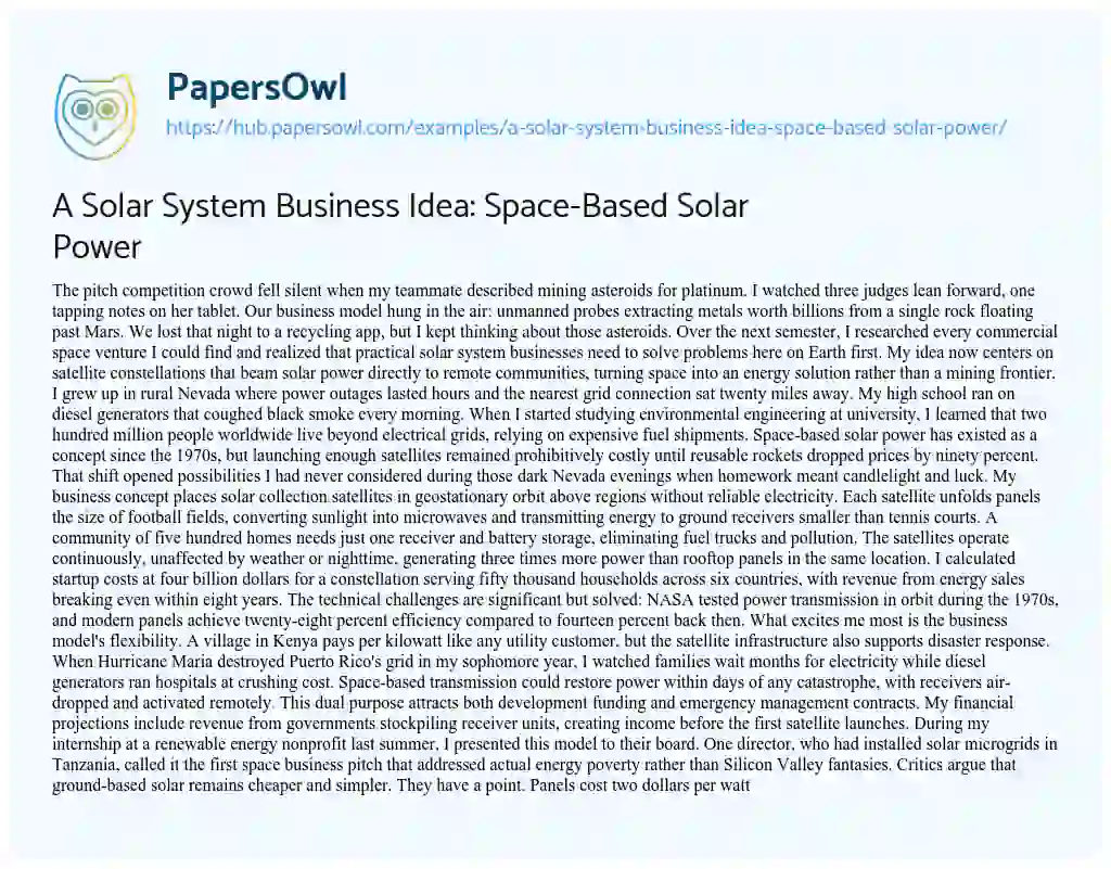 Essay on A Solar System Business Idea: Space-Based Solar Power