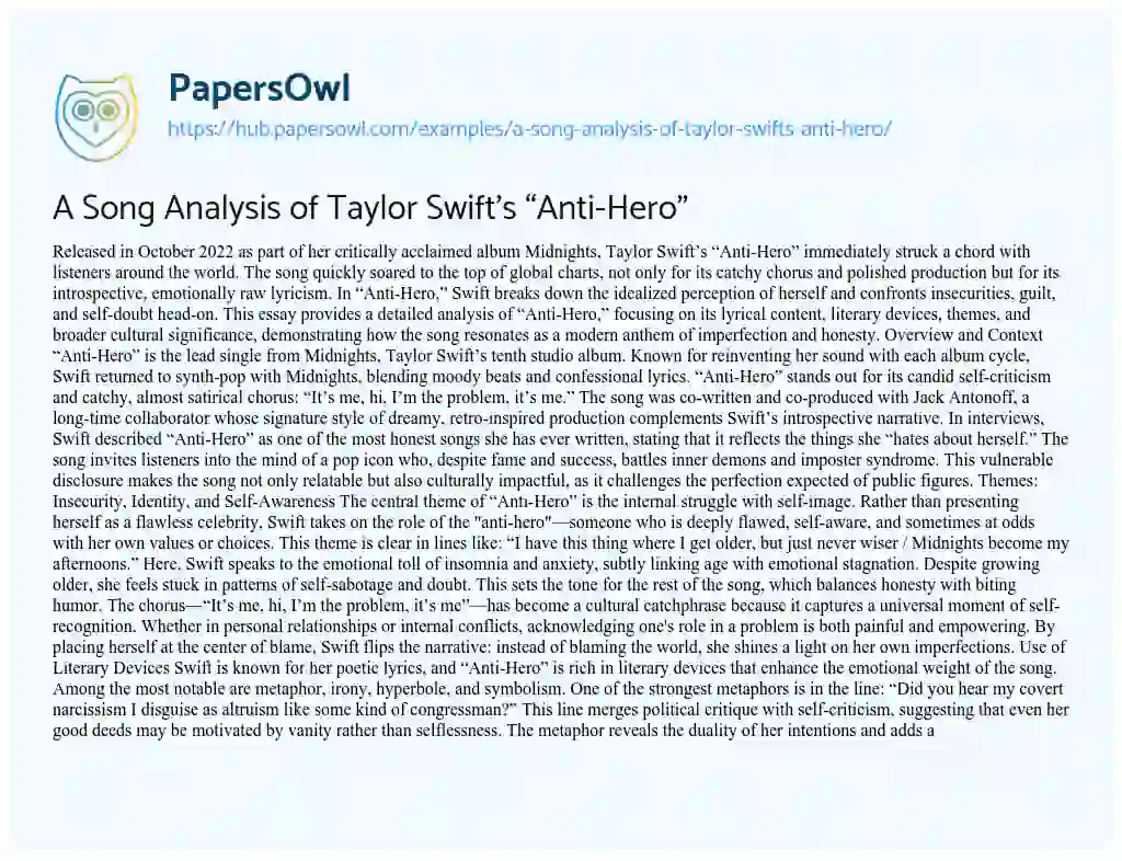 Essay on A Song Analysis of Taylor Swift’s “Anti-Hero”