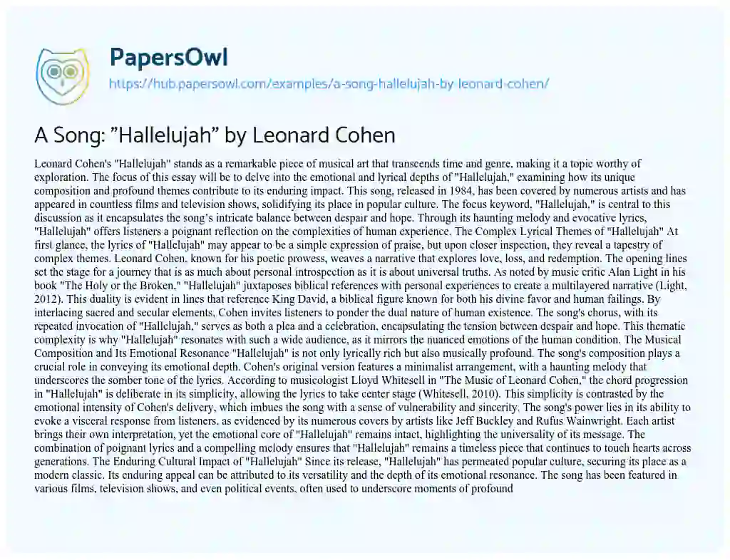 Essay on A Song: “Hallelujah” by Leonard Cohen