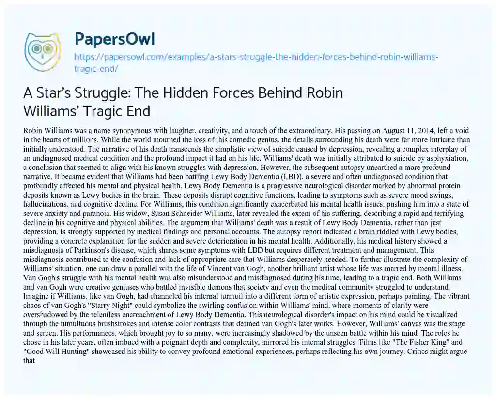 Essay on A Star’s Struggle: The Hidden Forces Behind Robin Williams’ Tragic End