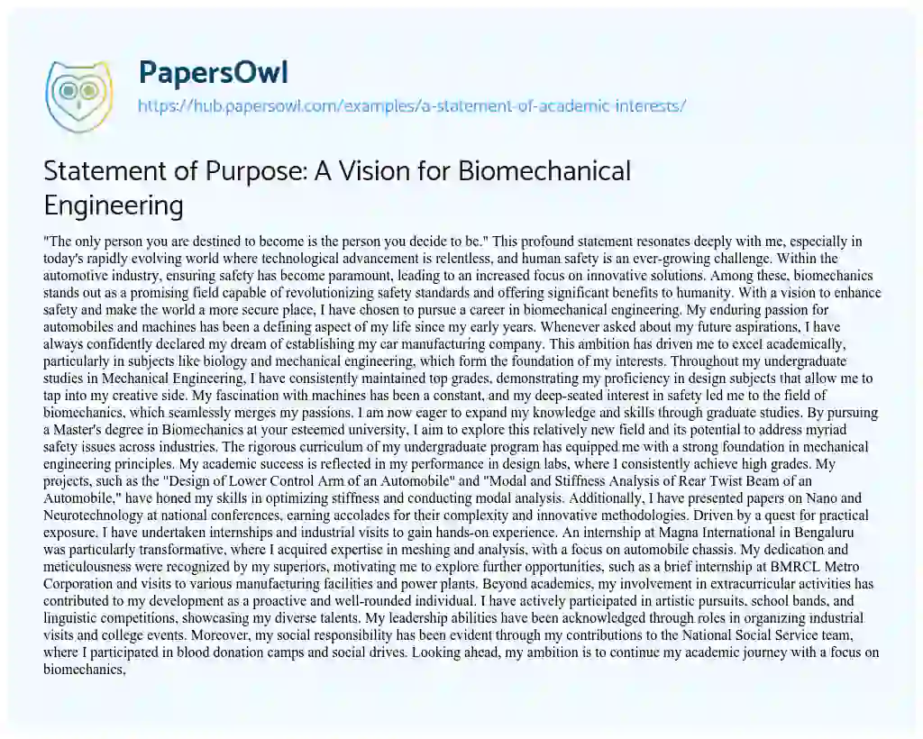 Essay on Statement of Purpose: A Vision for Biomechanical Engineering