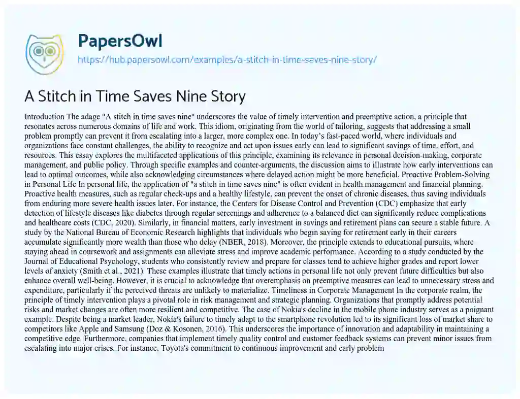 Essay on A Stitch in Time Saves Nine Story