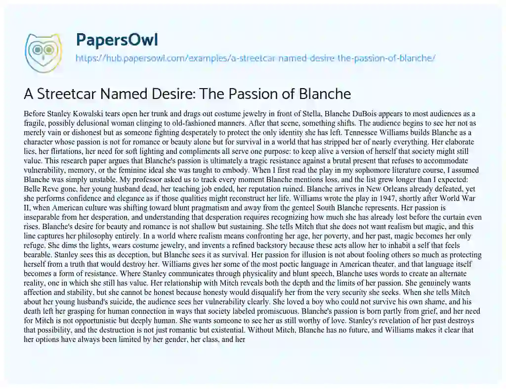 Essay on A Streetcar Named Desire: The Passion of Blanche