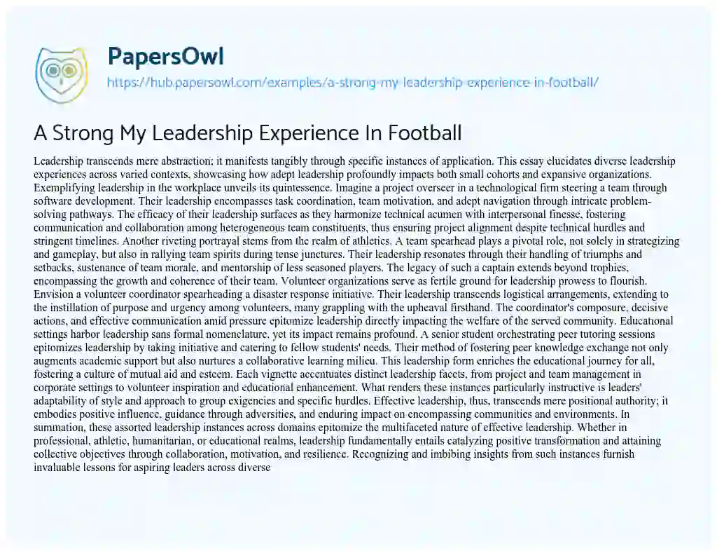 Essay on A Strong My Leadership Experience In Football