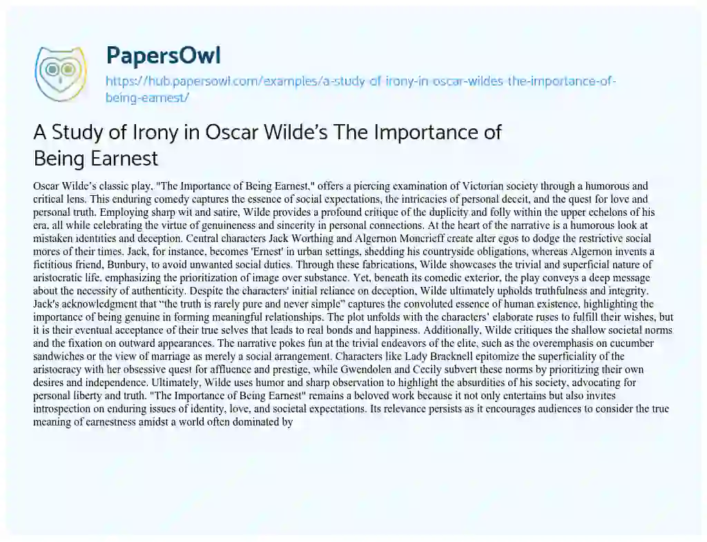 Essay on A Study of Irony in Oscar Wilde’s The Importance of Being Earnest