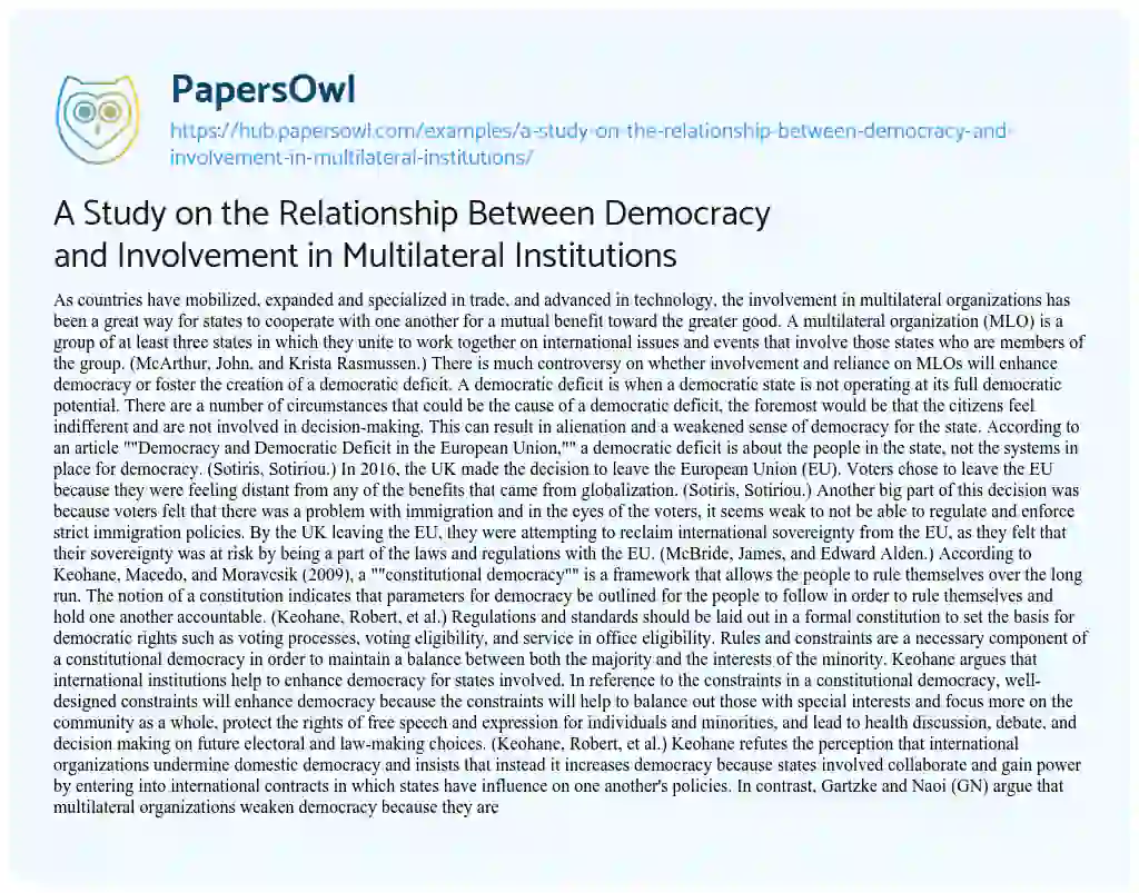 Essay on A Study on the Relationship Between Democracy and Involvement in Multilateral Institutions