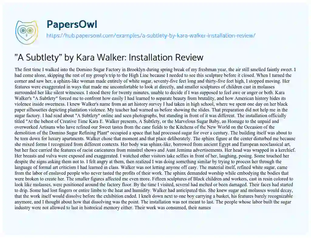 Essay on “A Subtlety” by Kara Walker: Installation Review
