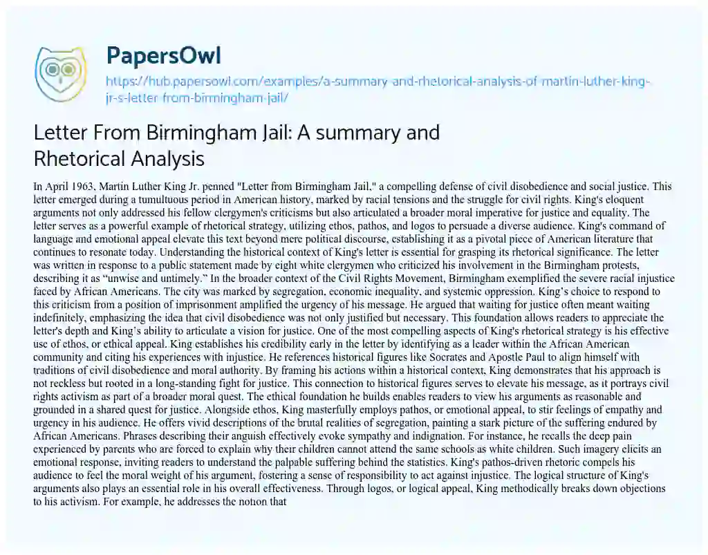 Essay on Letter From Birmingham Jail: A summary and Rhetorical Analysis