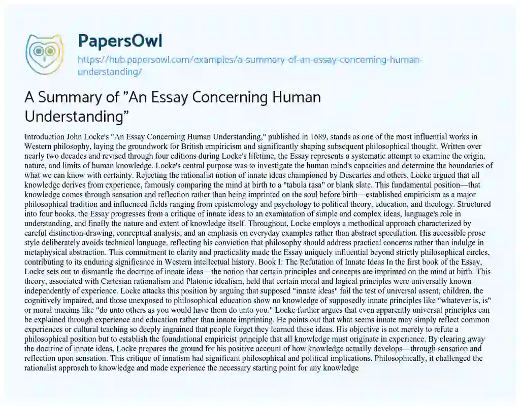 Essay on A Summary of “An Essay Concerning Human Understanding”