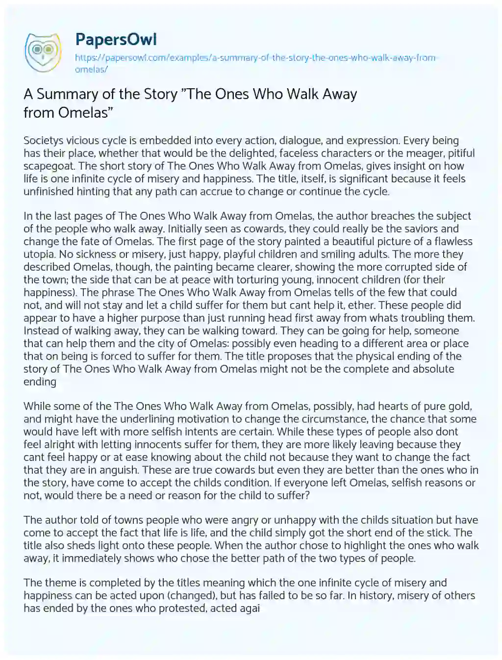 Essay on A Summary of the Story “The Ones Who Walk Away from Omelas”