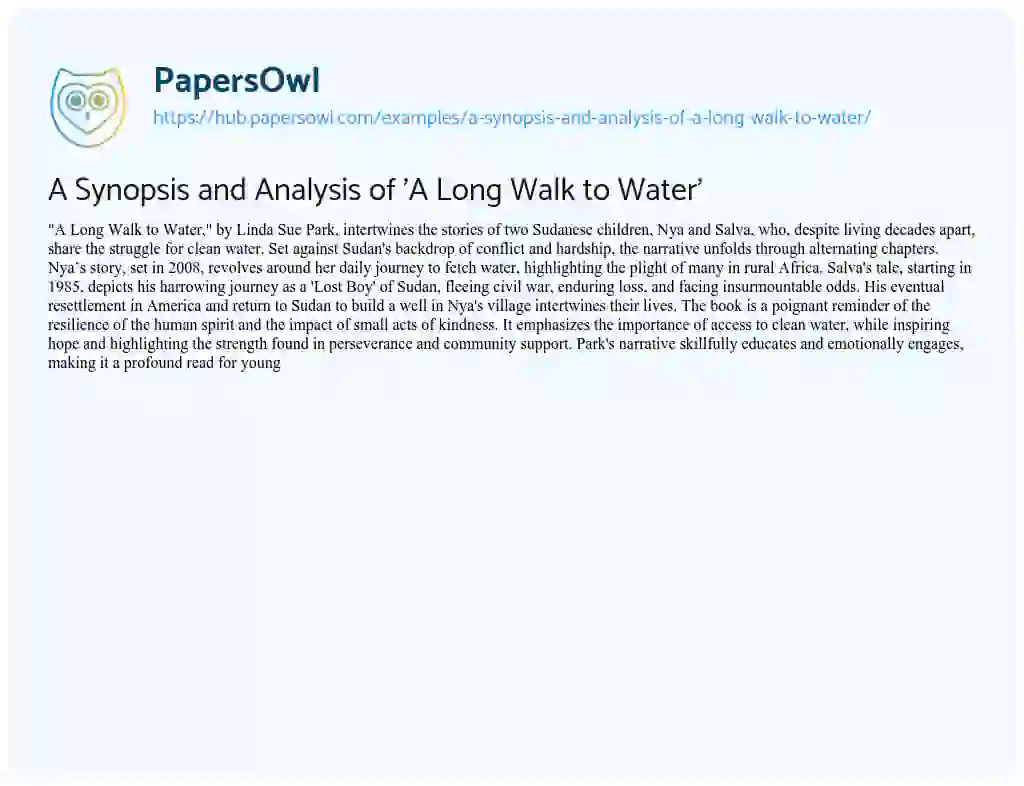 Essay on A Synopsis and Analysis of ‘A Long Walk to Water’