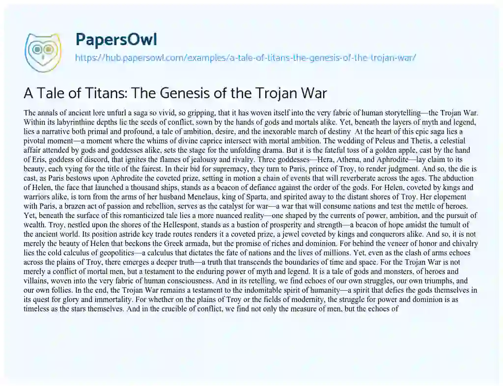 Essay on A Tale of Titans: The Genesis of the Trojan War