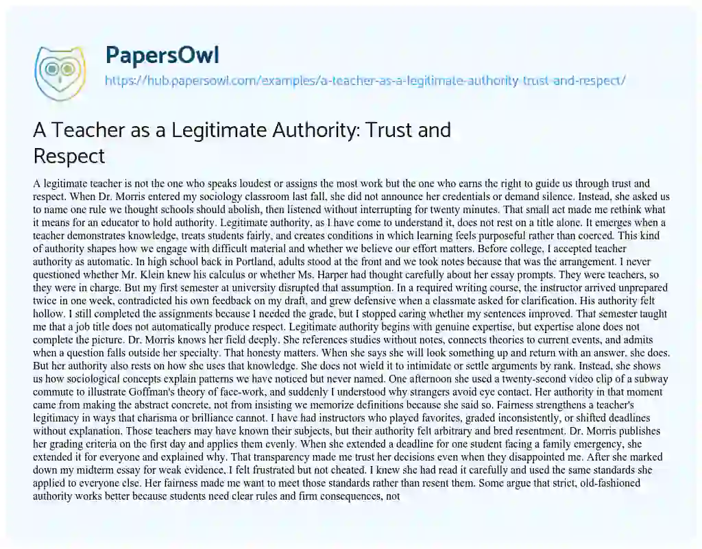 Essay on A Teacher as a Legitimate Authority: Trust and Respect