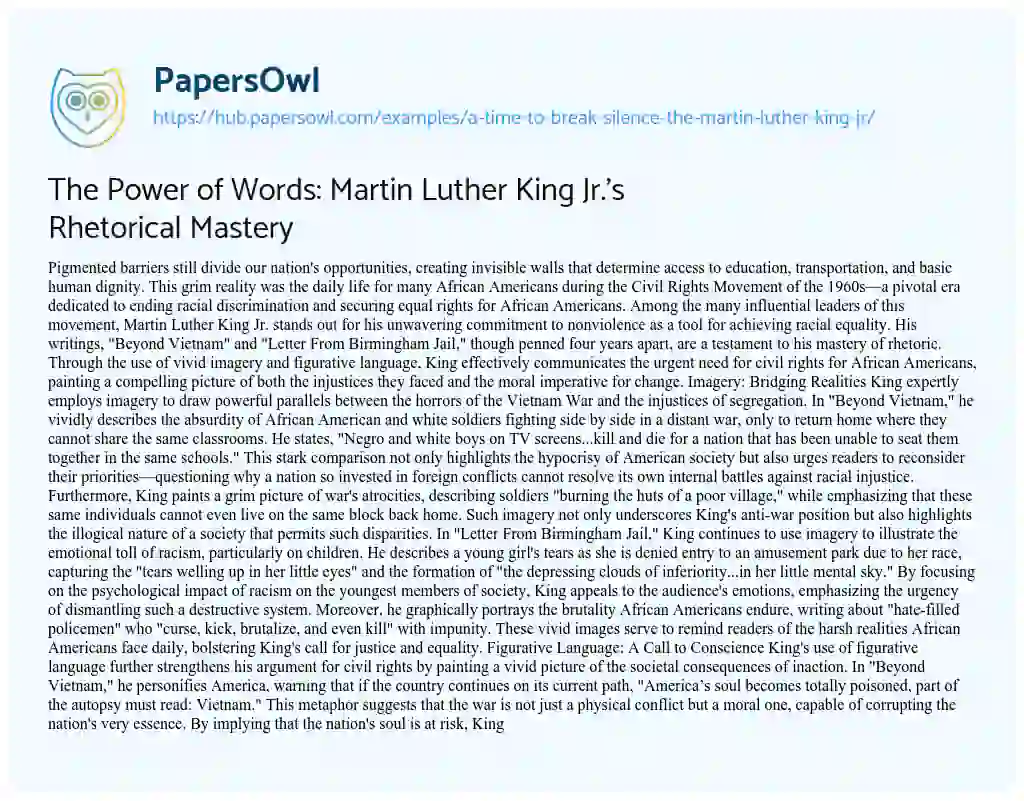 Essay on The Power of Words: Martin Luther King Jr.’s Rhetorical Mastery