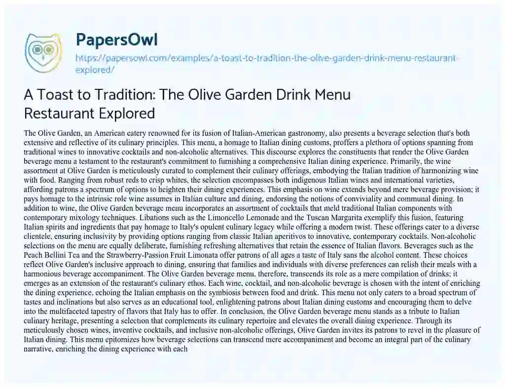 Essay on A Toast to Tradition: The Olive Garden Drink Menu Restaurant Explored