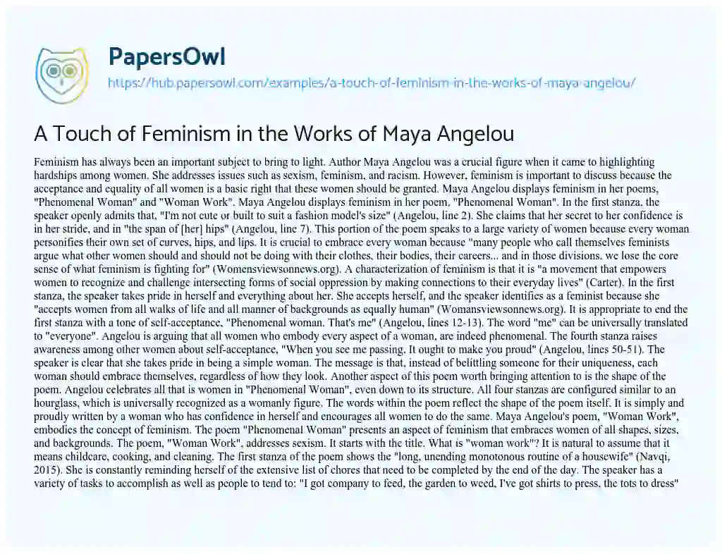 Essay on A Touch of Feminism in the Works of Maya Angelou