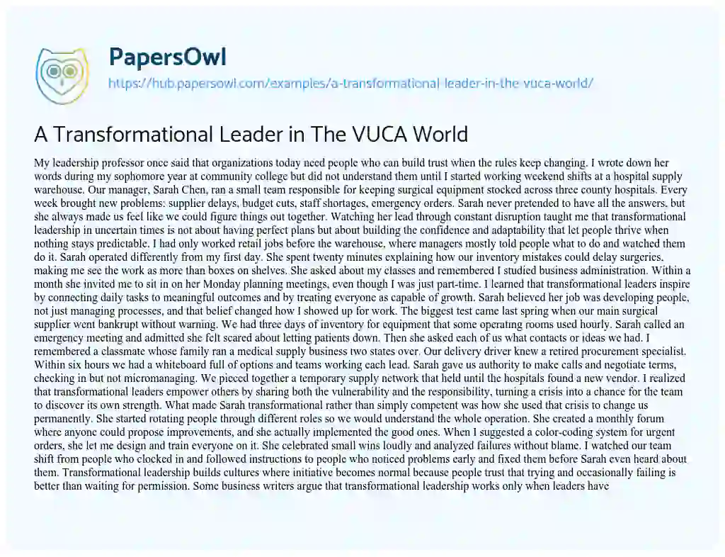 Essay on A Transformational Leader in The VUCA World