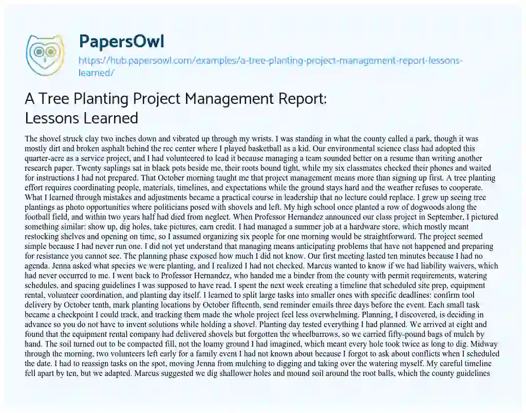 Essay on A Tree Planting Project Management Report: Lessons Learned