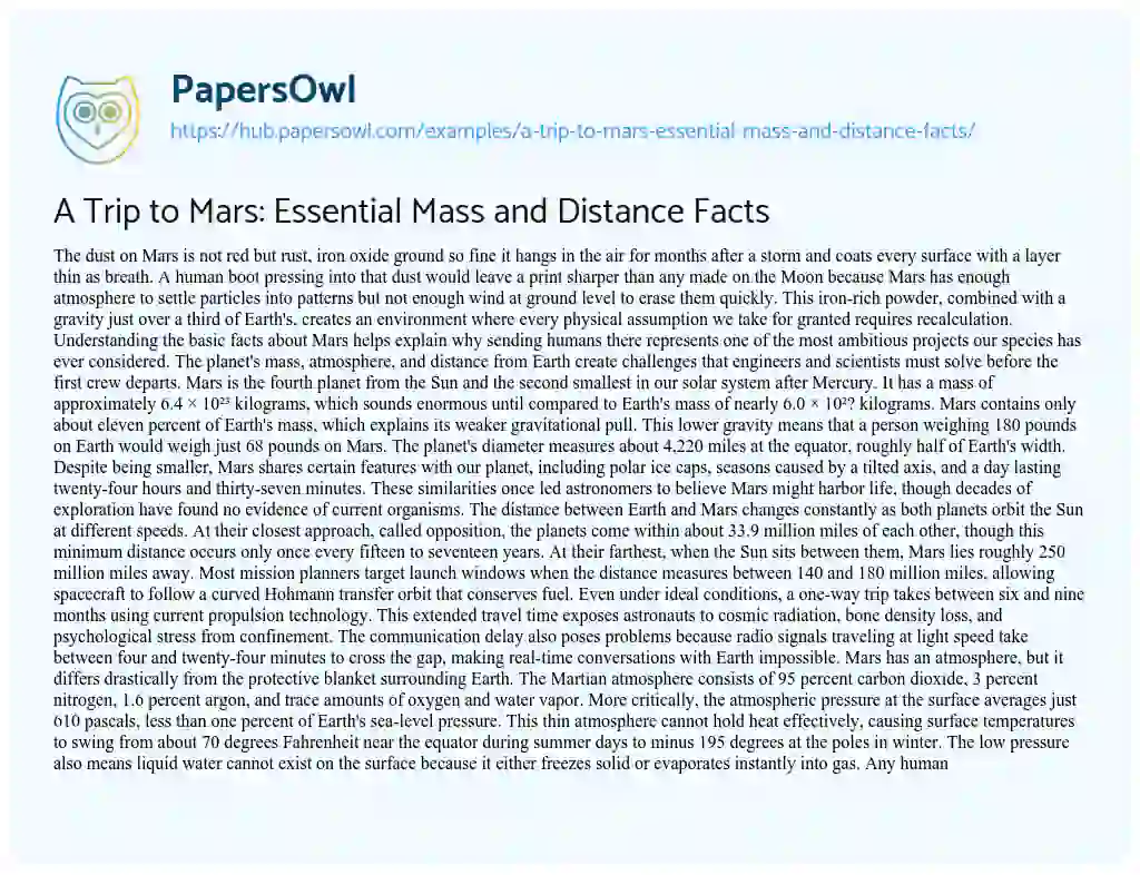 Essay on A Trip to Mars: Essential Mass and Distance Facts
