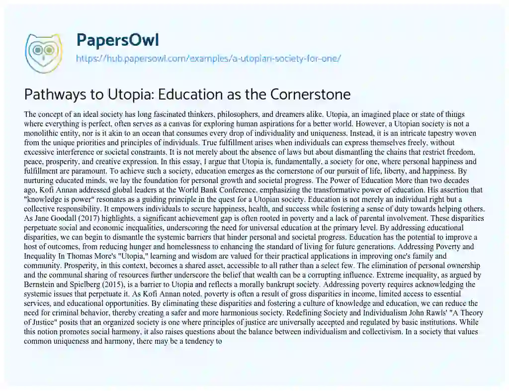 Essay on Pathways to Utopia: Education as the Cornerstone