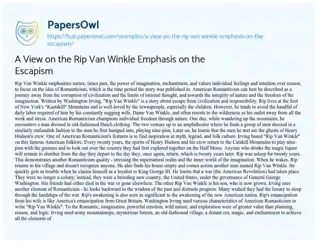 Essay on A View on the Rip Van Winkle Emphasis on the Escapism