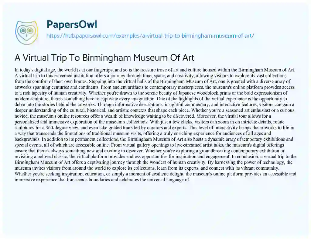 Essay on A Virtual Trip To Birmingham Museum Of Art
