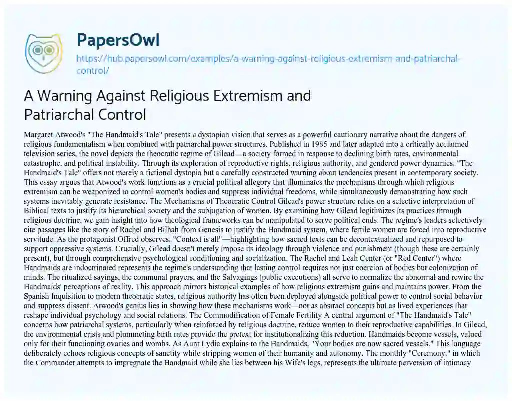 Essay on A Warning Against Religious Extremism and Patriarchal Control