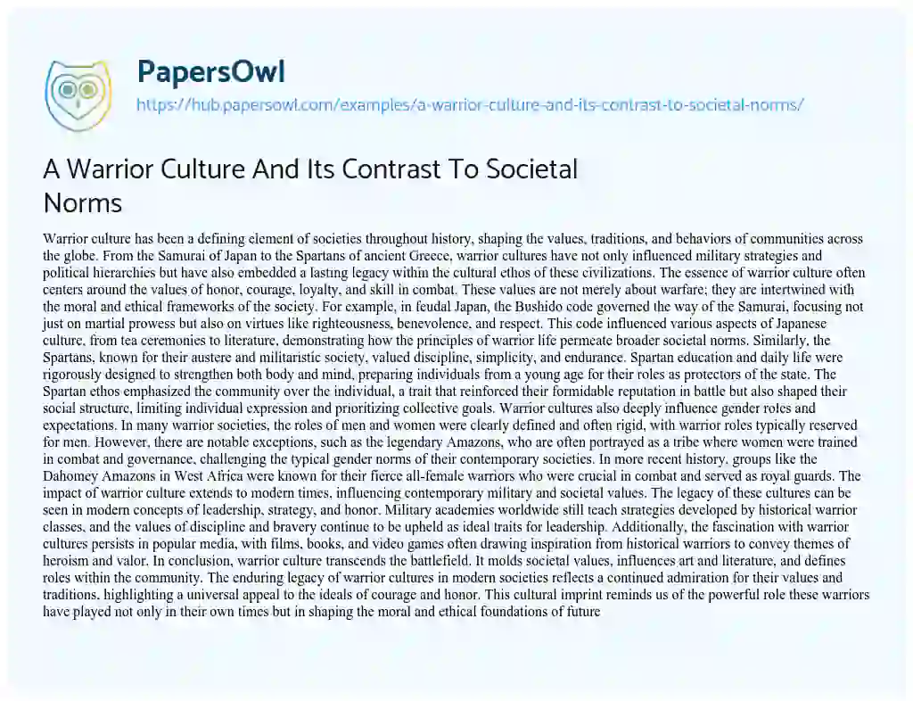 Essay on A Warrior Culture And Its Contrast To Societal Norms