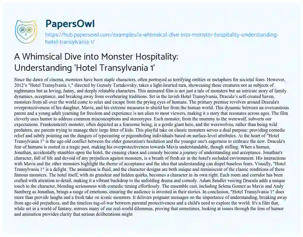 Essay on A Whimsical Dive into Monster Hospitality: Understanding ‘Hotel Transylvania 1’