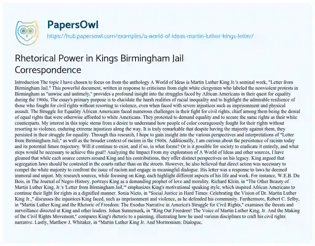 Essay on Rhetorical Power in Kings Birmingham Jail Correspondence