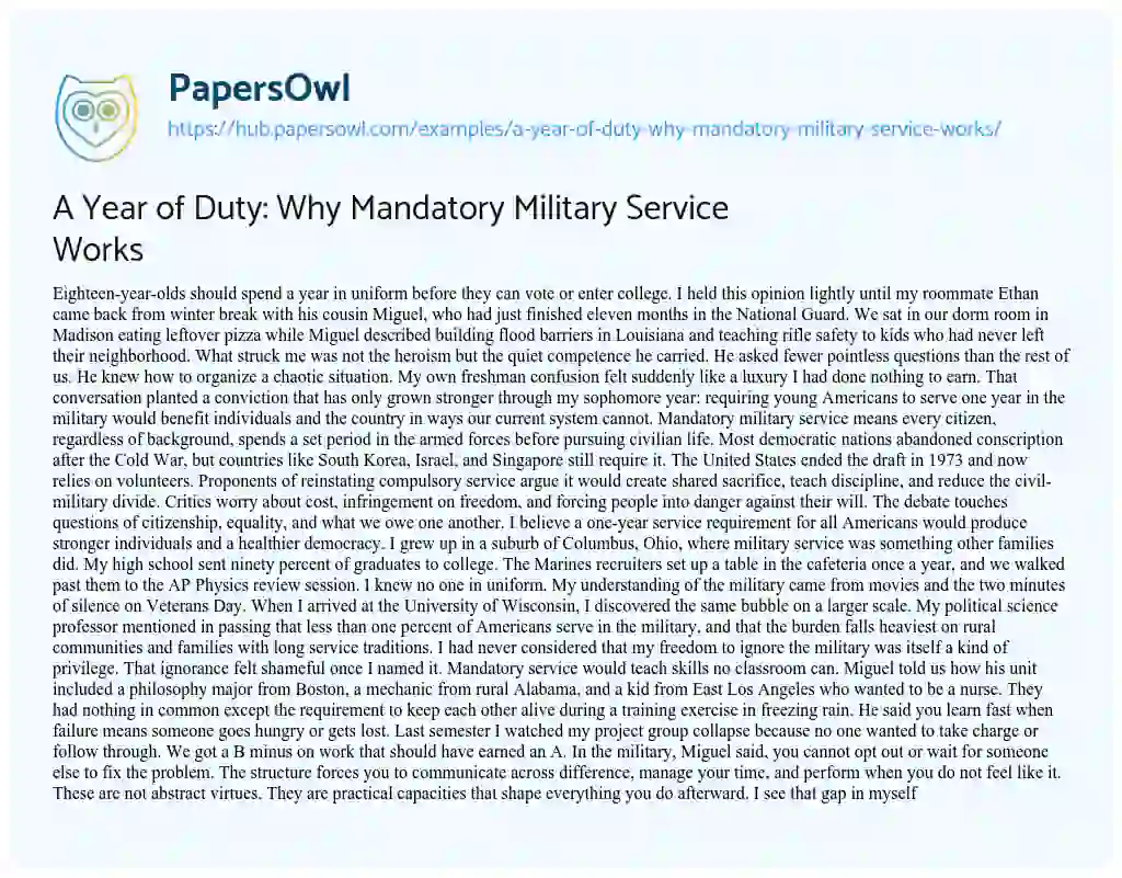 Essay on A Year of Duty: Why Mandatory Military Service Works