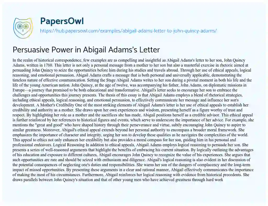 Essay on Persuasive Power in Abigail Adams’s Letter