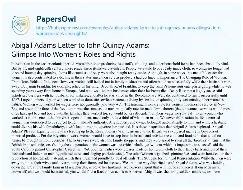 Essay on Abigail Adams Letter to John Quincy Adams: Glimpse Into Women’s Roles and Rights