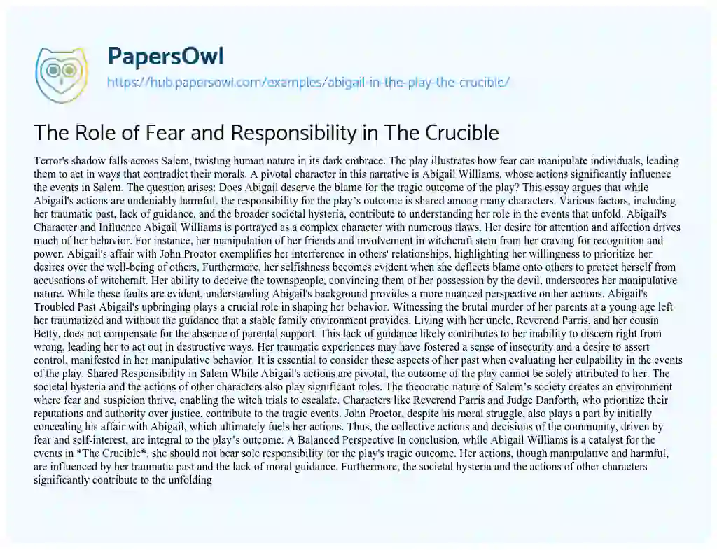 Essay on The Role of Fear and Responsibility in The Crucible