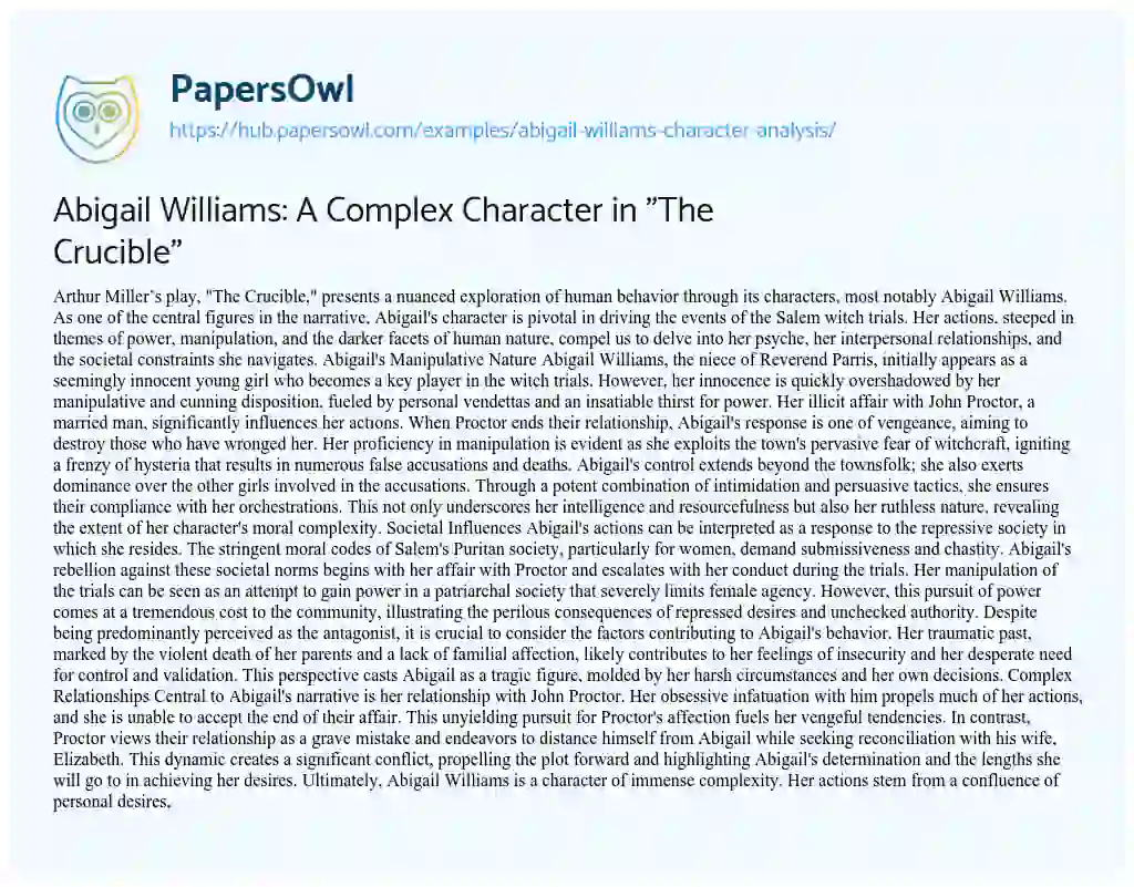 Essay on Abigail Williams: A Complex Character in “The Crucible”