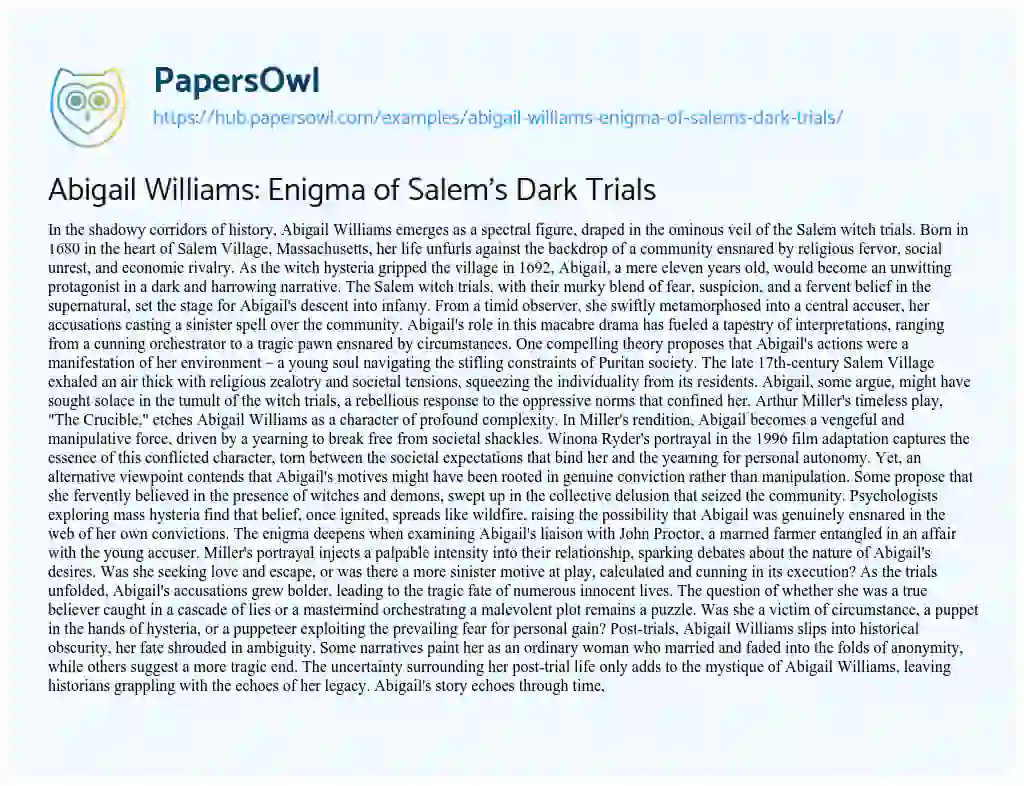 Essay on Abigail Williams: Enigma of Salem’s Dark Trials