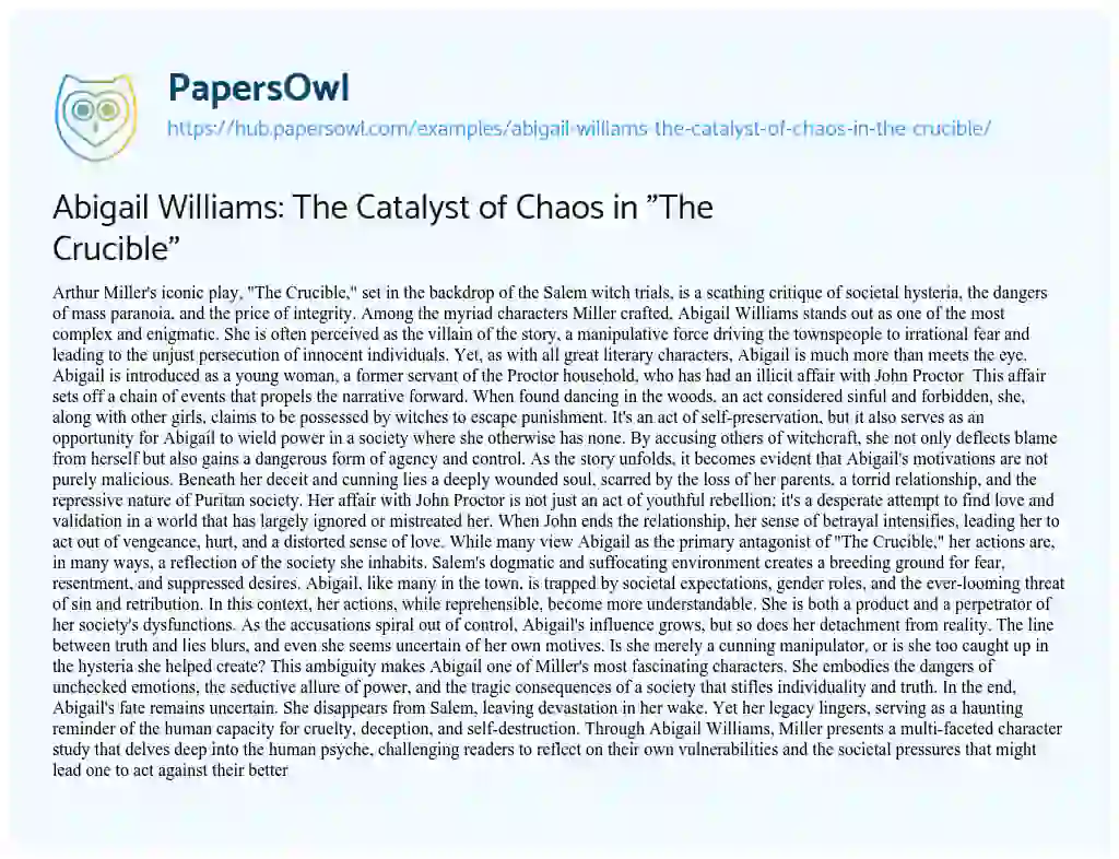 Essay on Abigail Williams: The Catalyst of Chaos in “The Crucible”