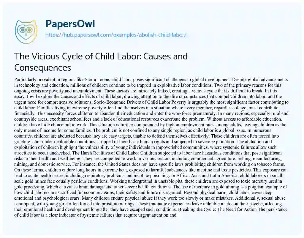 Essay on The Vicious Cycle of Child Labor: Causes and Consequences