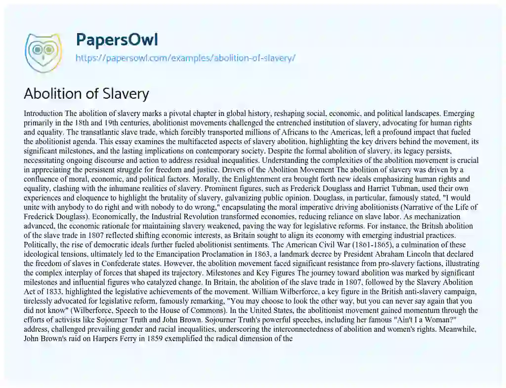Essay on Abolition of Slavery