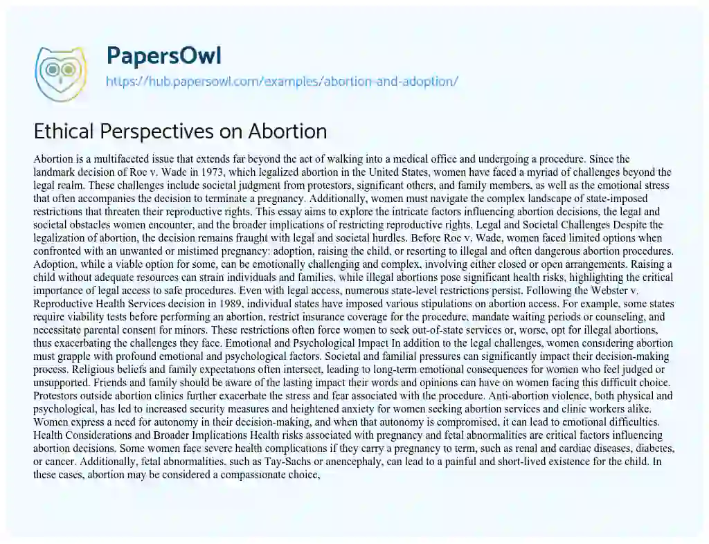 Essay on Ethical Perspectives on Abortion