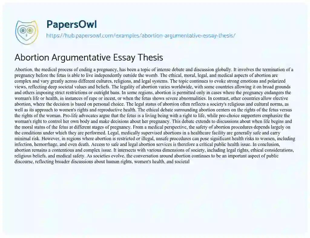 Essay on Abortion Argumentative Essay Thesis