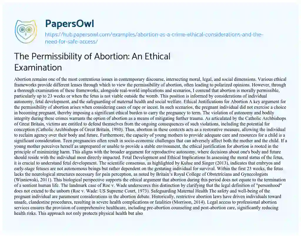 Essay on The Permissibility of Abortion: An Ethical Examination