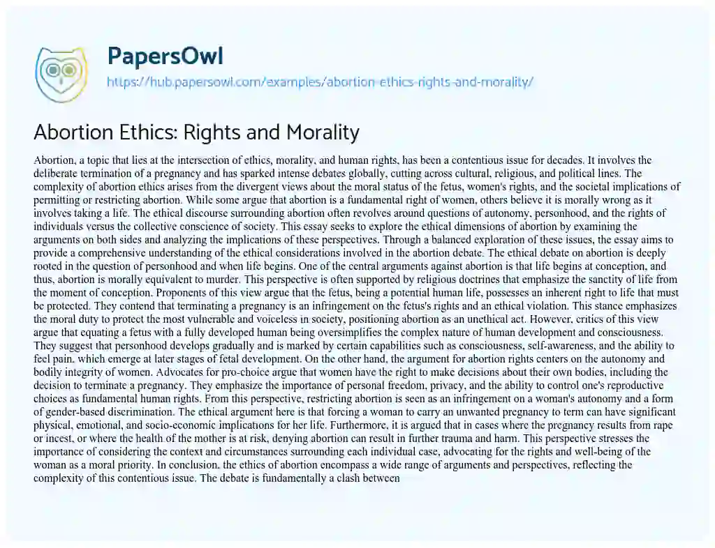 Essay on Abortion Ethics: Rights and Morality