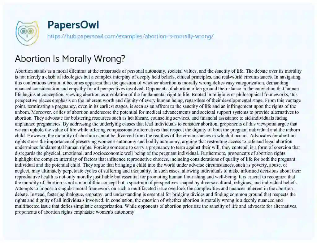 Essay on Abortion Is Morally Wrong?