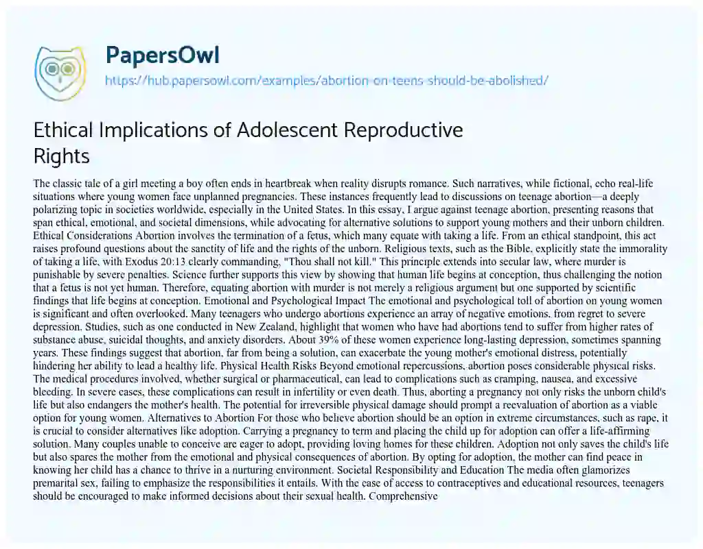 Essay on Ethical Implications of Adolescent Reproductive Rights